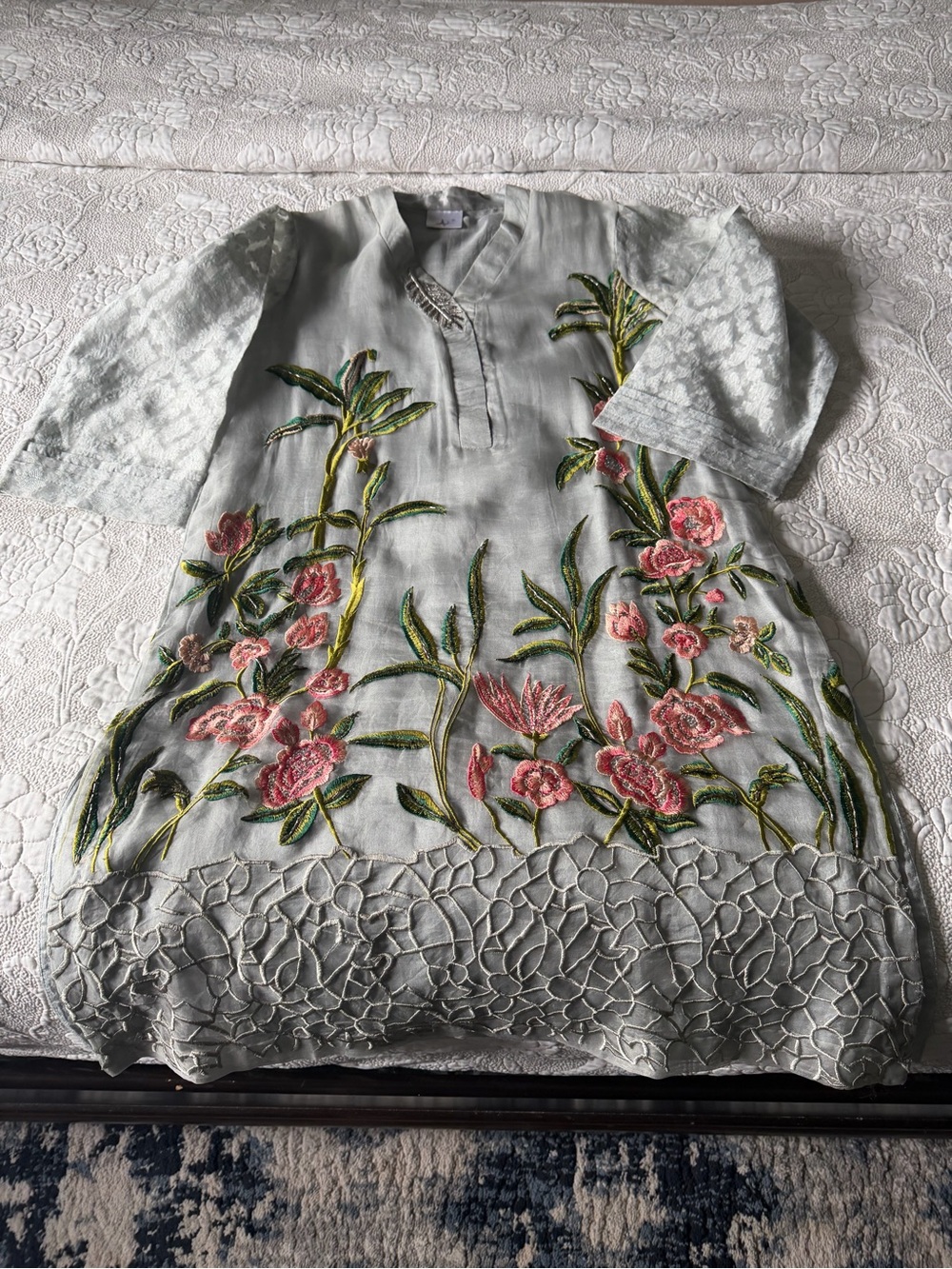Floral Embroidered Light Gray Women's Dress